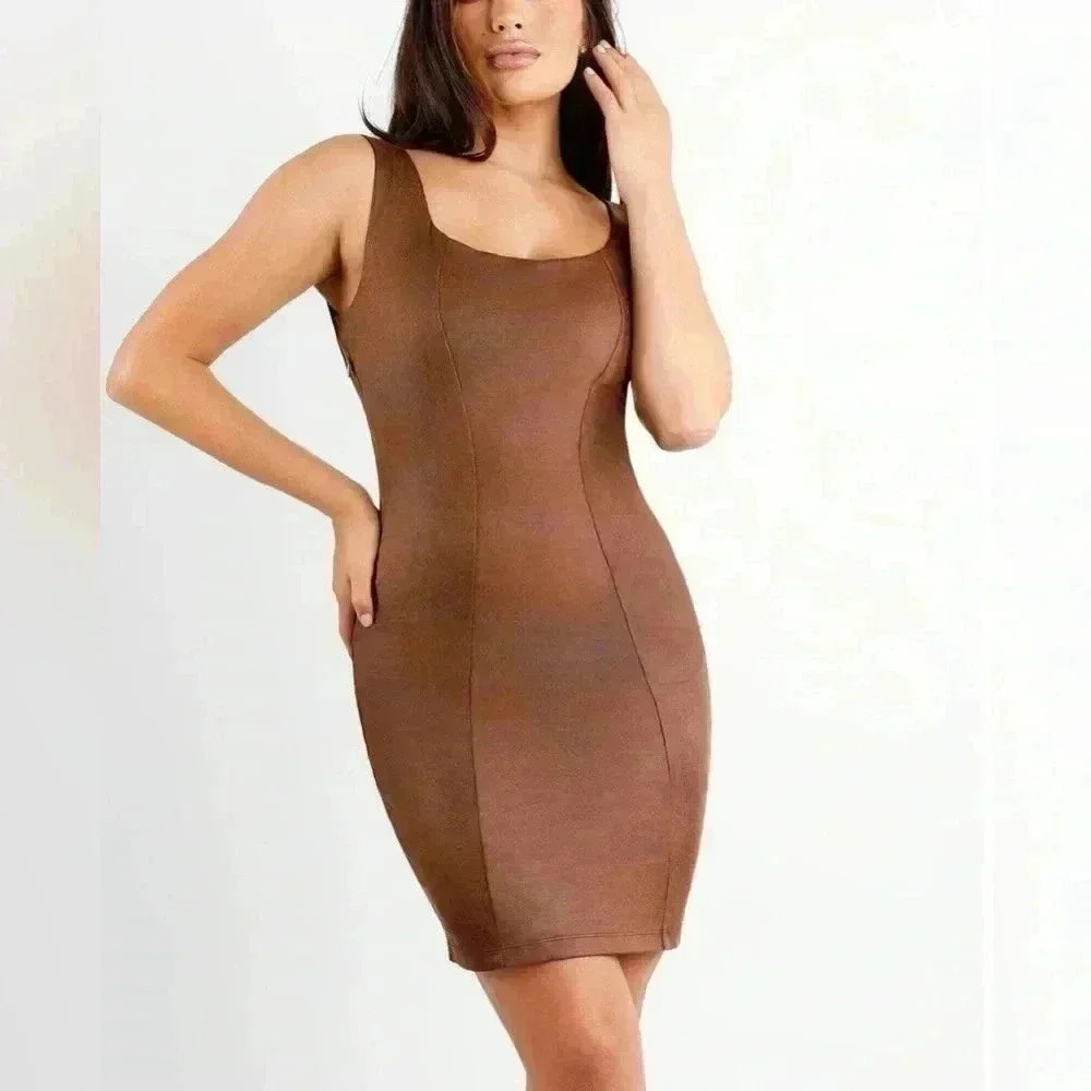 POPILUSH Shapewear Dress Faux-Suede Square Crew Neck Midi